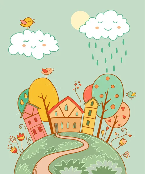 ev, güneş, ağaçlar, çiçekler ve bulutlar