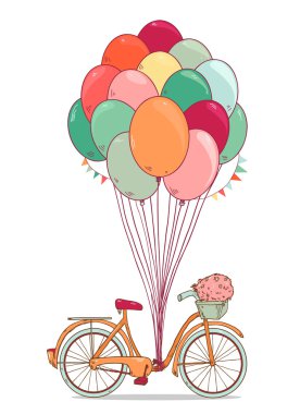 Vintage çizim bisiklet ile parti Balonlar, parti bayrakları ve çiçekli sepet. Beyaz arka plan üzerinde izole vektör çizim