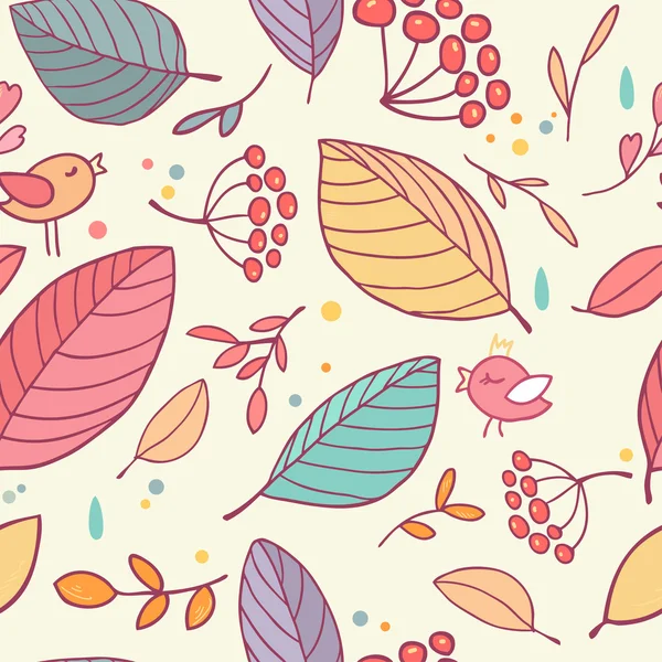 Sömlös söta mönster med löv, blommor och fåglar — Stock vektor