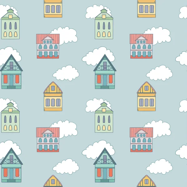 Lindo patrón sin costuras con casas y nubes — Vector de stock