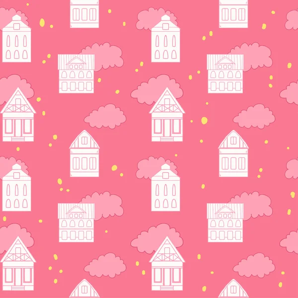 Cute seamless pattern with houses and clouds — Stock Vector