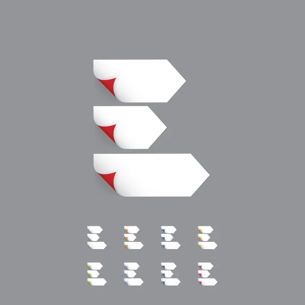 Tres flechas blancas con esquina enrollada de colores. Blanco en blanco po — Archivo Imágenes Vectoriales