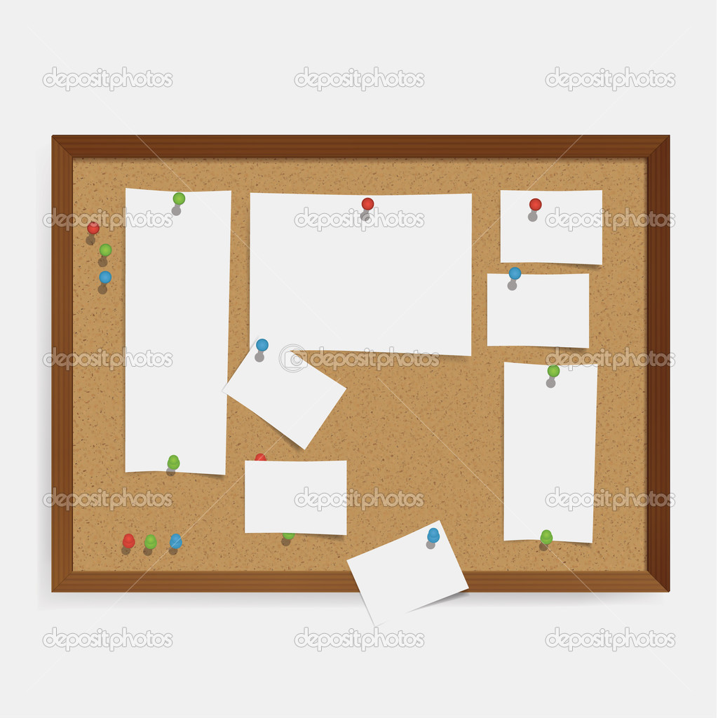 Vector corkboard template with colorfully pins and white papers 