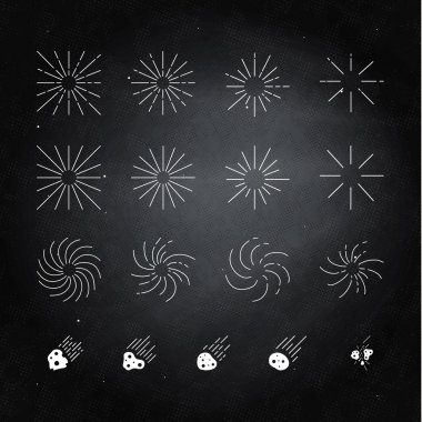 Hand illustrated sun flares, galaxies and meteors. clipart