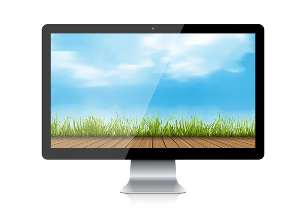 Monitor de computador com paisagem na tela — Vetor de Stock