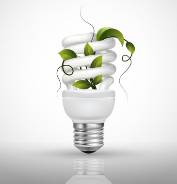 Energy saving lamp concept with lightbulb and green leaves clipart