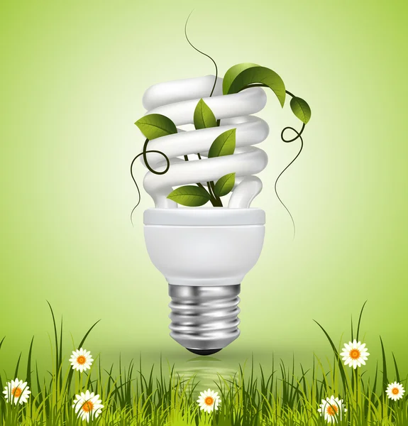 Energy saving lamp with green leaves and grass — Stock Vector
