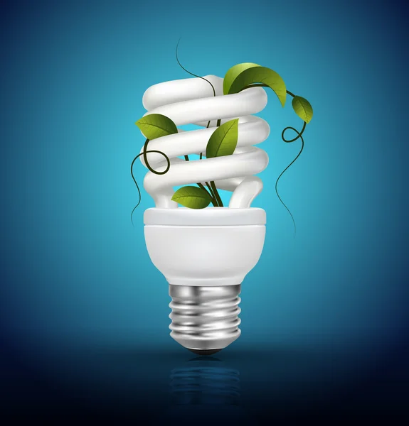 Energiebesparende lamp met groene bladeren — Stockvector