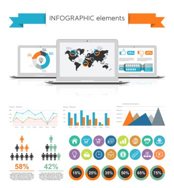 Infographic öğeleri üç dizüstü cihazlar ile