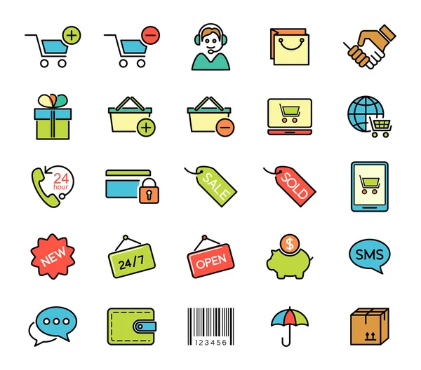 Winkelen en e-commerce pictogrammen instellen — Stockvector