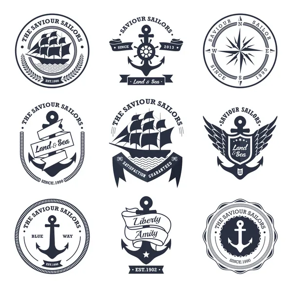 Ensemble d'insignes et d'étiquettes nautiques rétro vintage — Image vectorielle