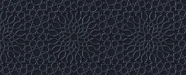 İslami süsleme vektör tarzında üç boyutlu koyu arkaplan. Ramazan döngüsü elementleri. İran motifi tarzı. Tasarımınız için geometrik dairesel süslemeName.