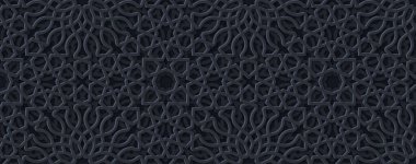 İslami süsleme vektör tarzında üç boyutlu koyu arkaplan. Ramazan döngüsü elementleri. İran motifi tarzı. Tasarımınız için geometrik dairesel süslemeName.