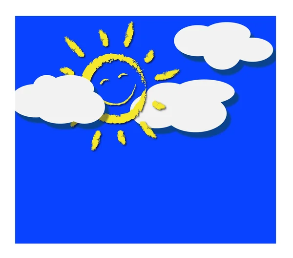Papier lächelnde Sonne und weiße Wolken auf blauem Hintergrund — Stockvektor