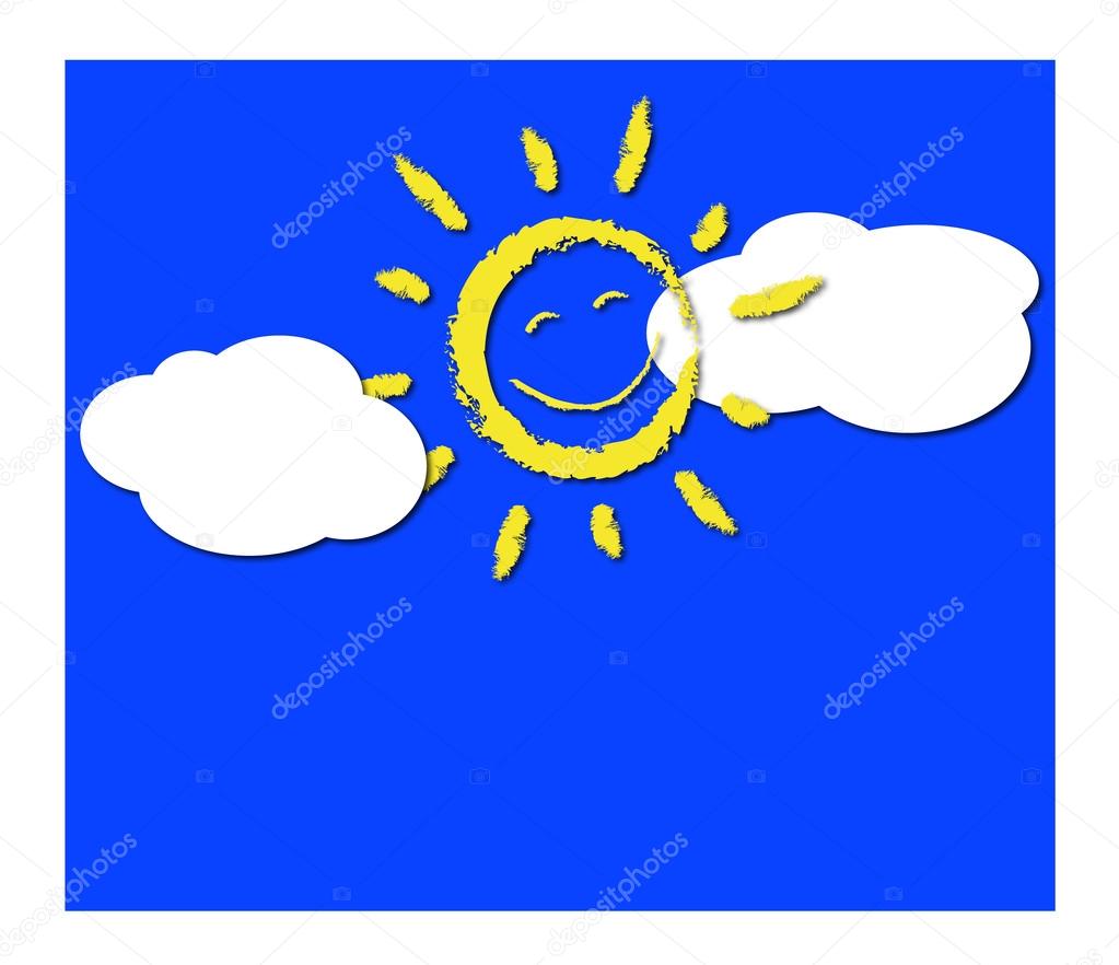Paper smiling sun and white clouds on blue background