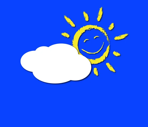 Kağıt gülümseyen güneş ve mavi zemin üzerine beyaz bulut — Stok Vektör