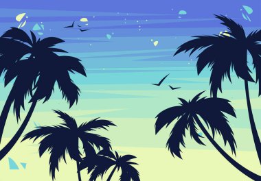  Plajda gün batımının vektör çizimi. Palmiye ağaçlarının siluetleriyle.