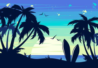  Plajda gün batımının vektör çizimi. Palmiye ağaçlarının siluetleri ve sörf tahtaları.