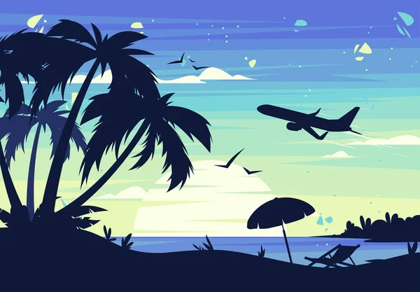 Ilustración Vectorial Una Puesta Sol Verano Playa Con Siluetas Palmeras — Vector de stock