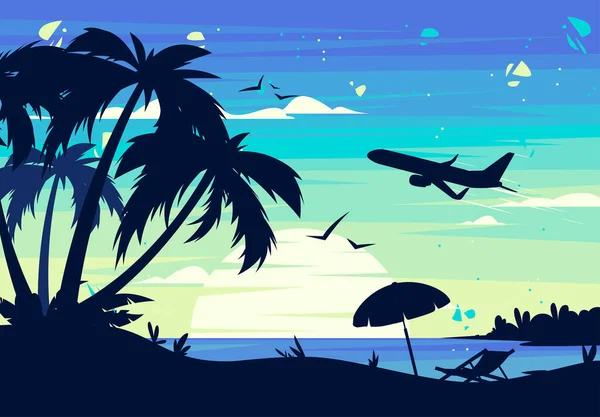 Векторна Ілюстрація Літнього Заходу Сонця Пляжі Силуетами Пальмових Дерев Шезлонг Ліцензійні Стокові Вектори