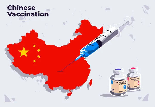 Vektorová Ilustrace Čínské Vakcinační Šablony Lékařské Stříkačky Mapě Číny Skleněnými — Stockový vektor