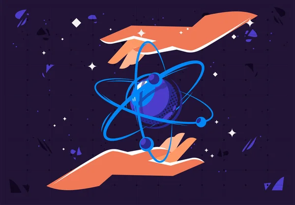 Векторная Иллюстрация Концептуального Шаблона Физического Атома Две Руки Ладонях Сверху Стоковый вектор