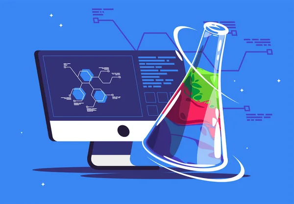 化学物質が入ったフラスコのベクトル図物質パラメータのある化学式の画面上のモノブロック — ストックベクタ