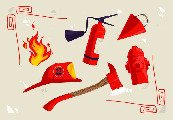 Vektor Illustration Grupp Brand Tema Objekt Brandpost Brandman Hjälm Brandman — Stock vektor