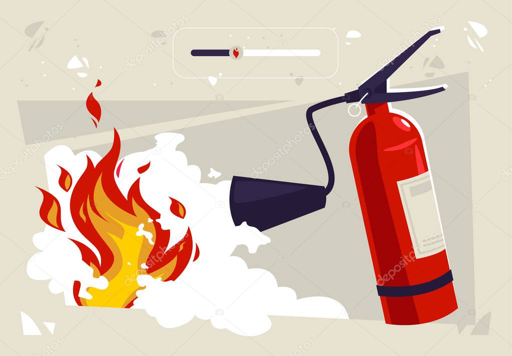  vector illustration of extinguishing a fire with a fire extinguisher