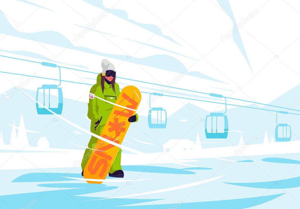  vector illustration in a ski combo on a mountain slope with a snowboard against the background of winter mountains with funiculars