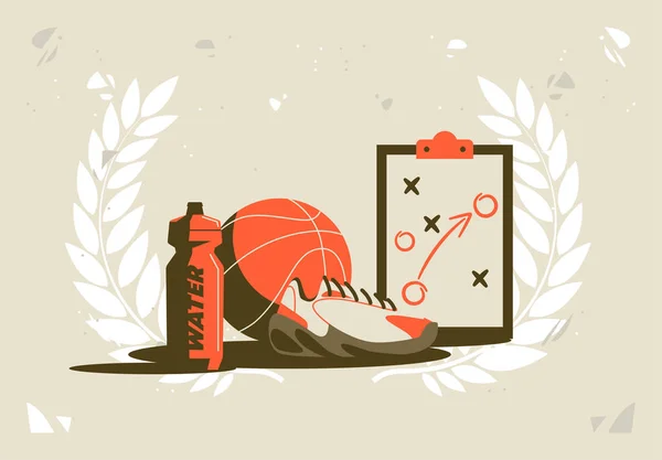 バスケットボール バスケットボール スポーツスニーカー ウォーターボトル 戦術的スキームのタブレットをプレイするためのオブジェクトのグループのベクトル図 — ストックベクタ