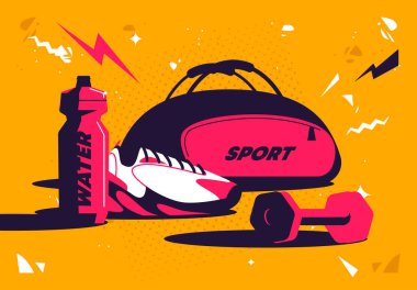  Spor çantalı spor aletleri, spor ayakkabıları, su şişesi ve dambıllar için bir grup eşyanın vektör çizimi