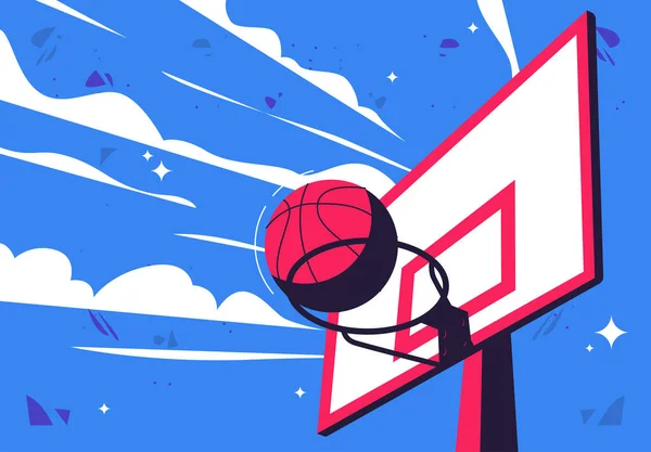  Gökyüzü zemininde bulutlu basketbol halkası olan bir basketbol topunun vektör çizimi
