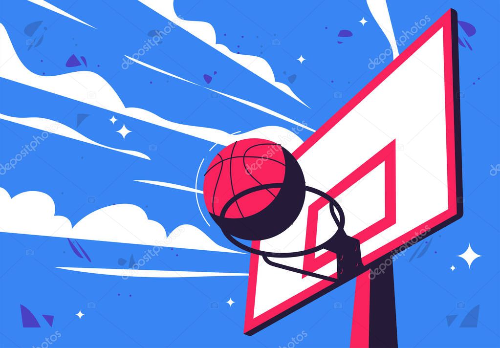  vector illustration of a basketball with a basketball ring on a sky background with clouds