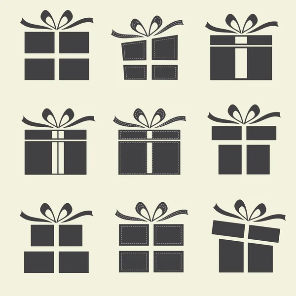 Cajas de regalo - 9 iconos. Siluetas de cajas de regalo . — Vector de stock