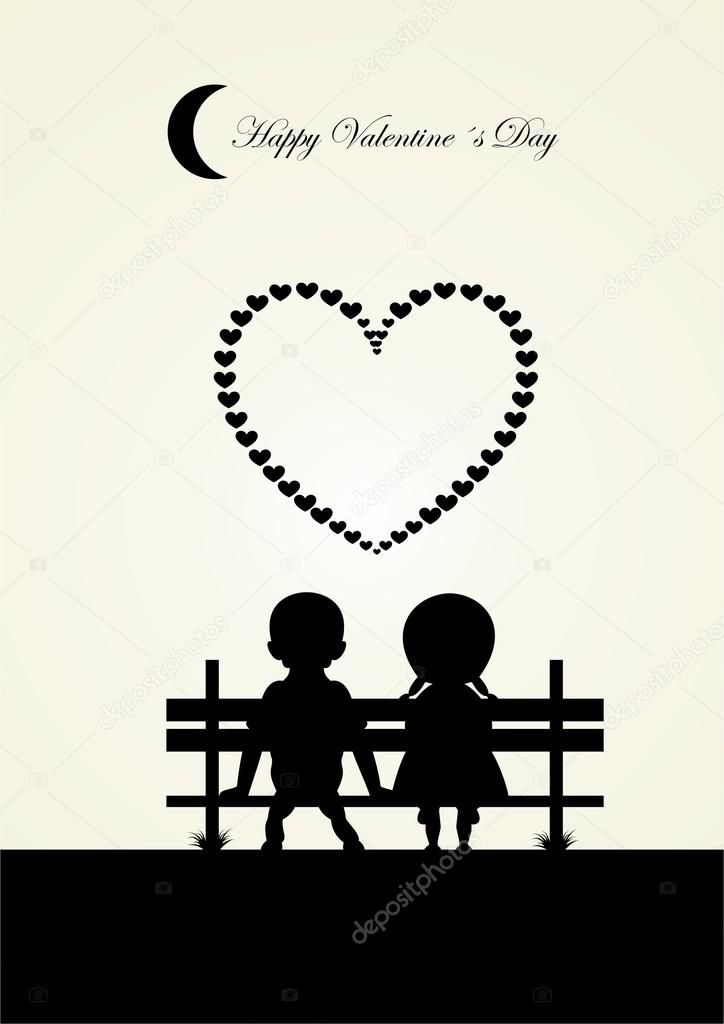 silhouette of boy and girl sitting on a bench, vector