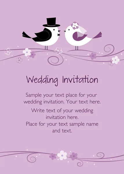 Fialové svatební oznámení s ptáky — Stockový vektor