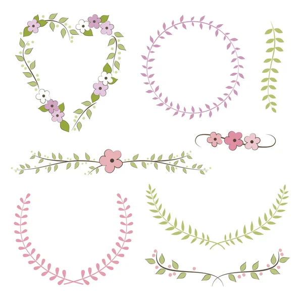 Ensemble de mariage : couronne, laurier, fleurs — Image vectorielle