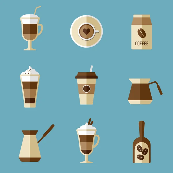 Kahve simgeler, düz tasarım — Stok Vektör