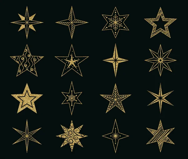 Christmas New Year Decoration Gold Hand Drawn Stars Collection Vector — Stock Vector