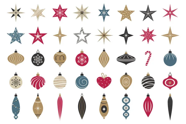 Natal Ano Novo Conjunto Decoração Símbolos Natal Bolas Estrelas Flocos — Vetor de Stock