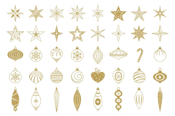 Goldfarbener Weihnachtsschmuck Vorhanden Gold Glitzert Textur Weihnachtssymbole Kugeln Sterne Schneeflocken — Stockvektor