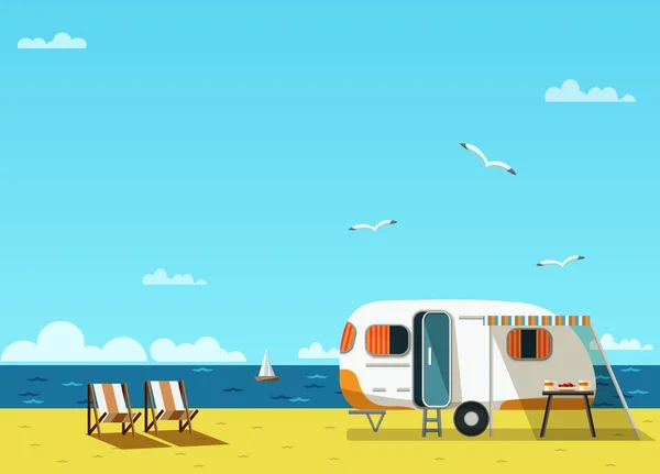 Retro caravan on  beach — Stock Vector