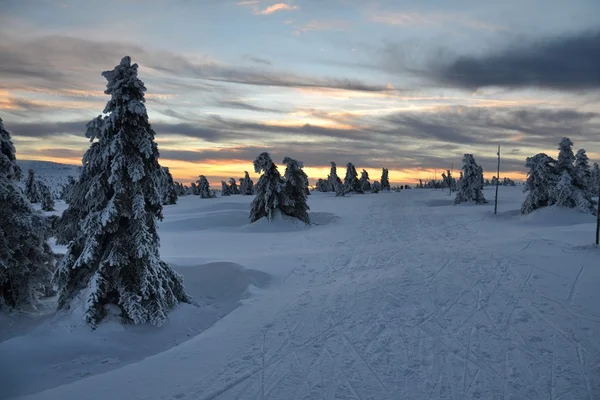 Tramonto nel paese innevato — Foto Stock