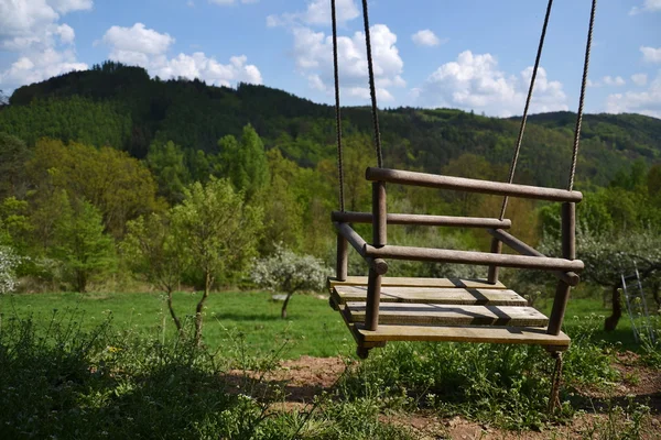 Altalena vuota corda di legno con sfondo natura — Foto Stock