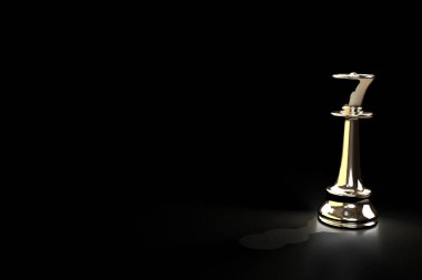 Satranç kralı piskopos tahta, altın sarısı, altın, gölge, pazarlama, finansal yönetim stratejisi, karar, liderlik, başarılı takım oyunu, siyah arka plan, 3D.  