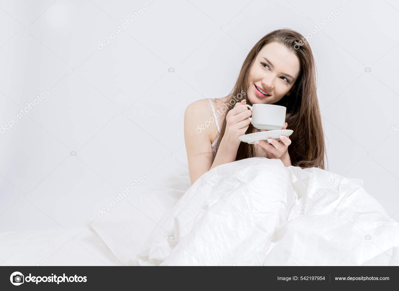 White Bedroom Good Morning Brunette Holding Cup Hot Drink Woman Stock Photo by ©watman 542197954 picture