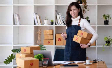 Küçük işletmeler kurma portresi KOBİ sahipleri fatura kutusu üzerinde çalışan kadın girişimciler ve kutuları paketlemek, müşterilere satmak, KOBİ iş fikirlerini çevrimiçi olarak satmak için İnternet üzerinden siparişleri kontrol ediyorlar