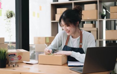 Küçük işletmeler kuran KOBİ 'li kadın girişimciler fatura kutusuna adresi yazın ve kutuları paketlemek, müşterilere satmak, iş fikirlerini çevrimiçi olarak satmak için online siparişleri işaretleyin