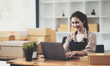 Female entrepreneurs Small Business SME Independent work at home, using laptops for commercial checking, online marketing, packing boxes, SME sellers concept, online sales